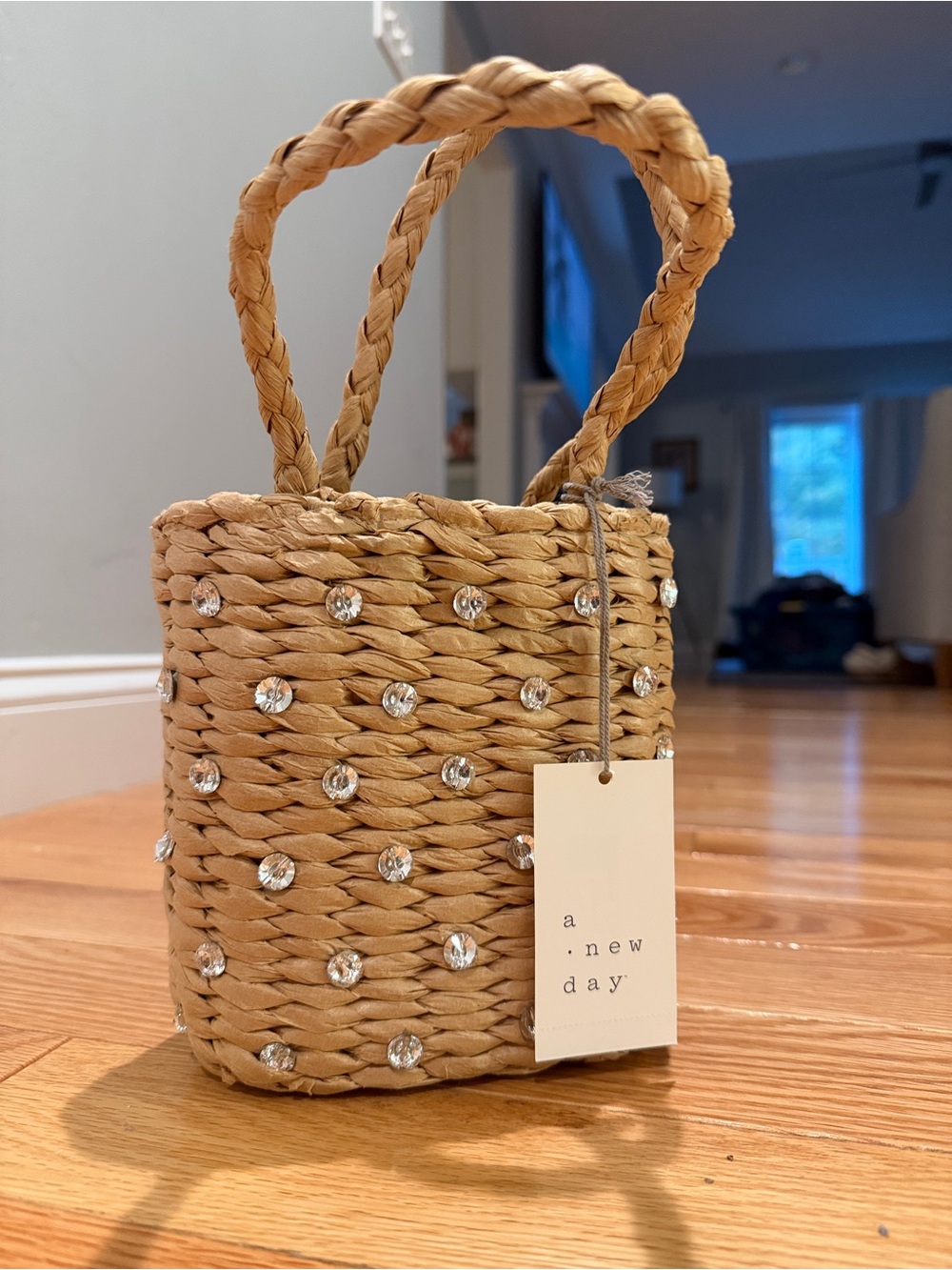 a new day Tan Woven Rhinestone Mini Tote
